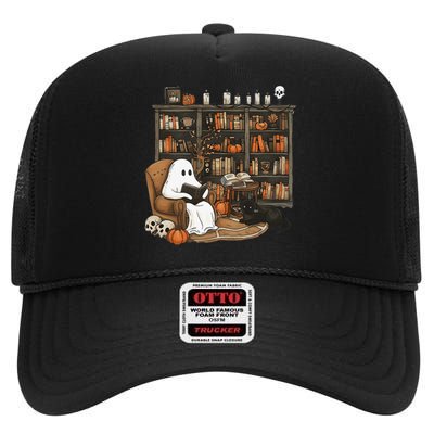 Retro Ghost Reading Books Librarian Ghost Halloween High Crown Mesh Back Trucker Hat