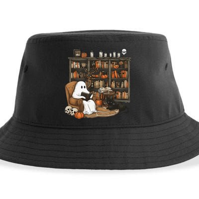 Retro Ghost Reading Books Librarian Ghost Halloween Sustainable Bucket Hat