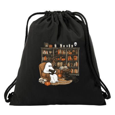 Retro Ghost Reading Books Librarian Ghost Halloween Drawstring Bag
