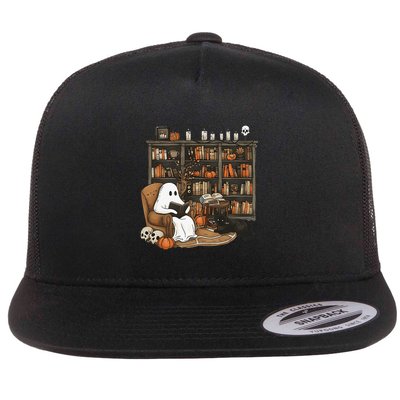 Retro Ghost Reading Books Librarian Ghost Halloween Flat Bill Trucker Hat