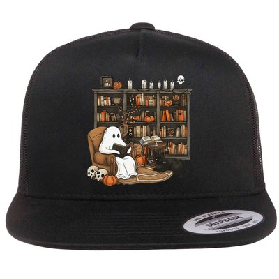 Retro Ghost Reading Books Librarian Ghost Halloween Flat Bill Trucker Hat