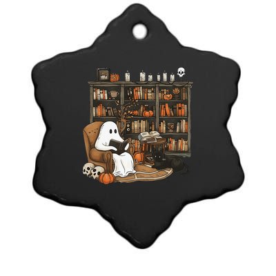 Retro Ghost Reading Books Librarian Ghost Halloween Ceramic Star Ornament