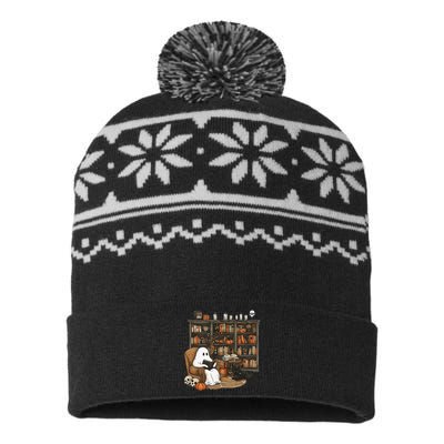 Retro Ghost Reading Books Librarian Ghost Halloween USA-Made Snowflake Beanie