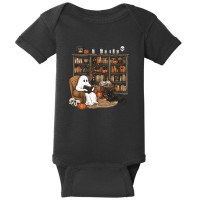 Retro Ghost Reading Books Librarian Ghost Halloween Baby Bodysuit