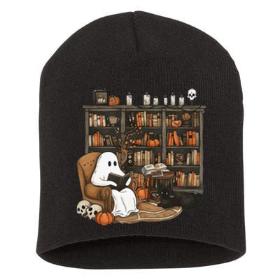 Retro Ghost Reading Books Librarian Ghost Halloween Short Acrylic Beanie