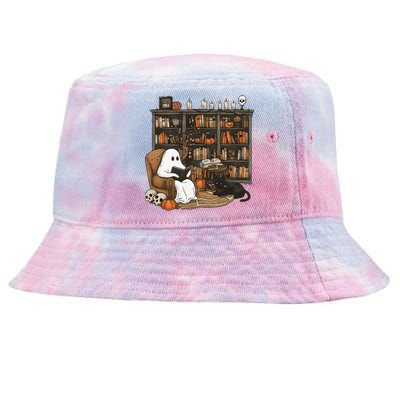 Retro Ghost Reading Books Librarian Ghost Halloween Tie-Dyed Bucket Hat