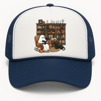 Retro Ghost Reading Books Librarian Ghost Halloween Trucker Hat