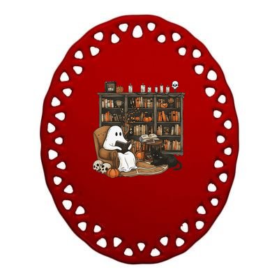 Retro Ghost Reading Books Librarian Ghost Halloween Ceramic Oval Ornament