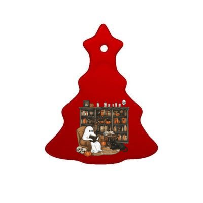 Retro Ghost Reading Books Librarian Ghost Halloween Ceramic Tree Ornament