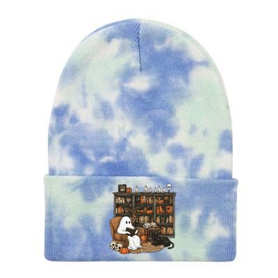 Retro Ghost Reading Books Librarian Ghost Halloween Tie Dye 12in Knit Beanie