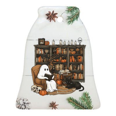 Retro Ghost Reading Books Librarian Ghost Halloween Ceramic Bell Ornament