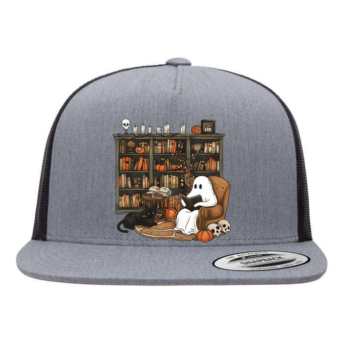 Retro Ghost Reading Books Flat Bill Trucker Hat