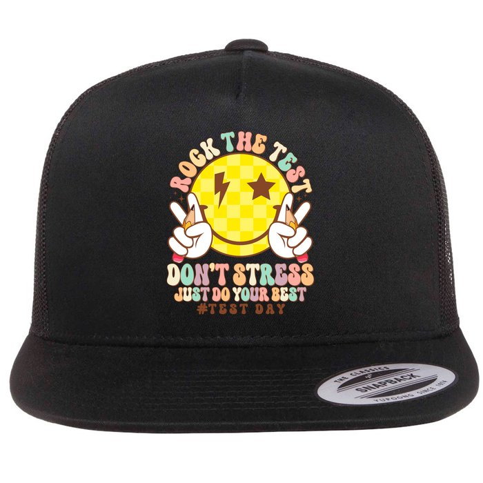 Retro Groovy Rock The Test Don't Stress Do Your Best Testing Day Teacher Student Flat Bill Trucker Hat