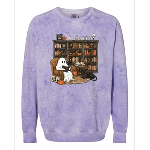 Retro Ghost Reading Books Librarian Ghost Halloween Colorblast Crewneck Sweatshirt