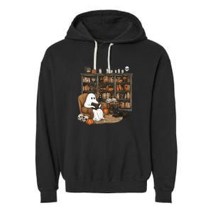 Retro Ghost Reading Books Librarian Ghost Halloween Garment-Dyed Fleece Hoodie