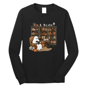 Retro Ghost Reading Books Librarian Ghost Halloween Long Sleeve Shirt