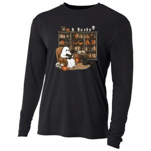 Retro Ghost Reading Books Librarian Ghost Halloween Cooling Performance Long Sleeve Crew