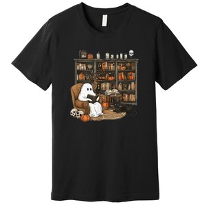 Retro Ghost Reading Books Librarian Ghost Halloween Premium T-Shirt