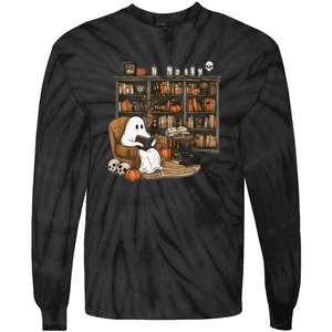 Retro Ghost Reading Books Librarian Ghost Halloween Tie-Dye Long Sleeve Shirt