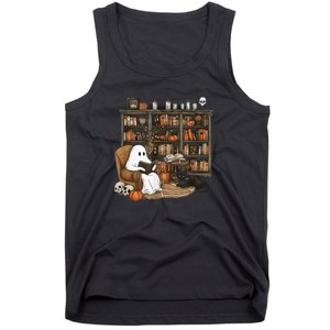 Retro Ghost Reading Books Librarian Ghost Halloween Tank Top