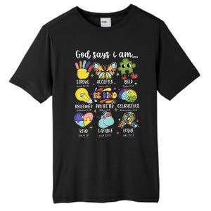 Retro God Says I Am Autism Be Kind Puzzle Autism Awareness Gift Tall Fusion ChromaSoft Performance T-Shirt