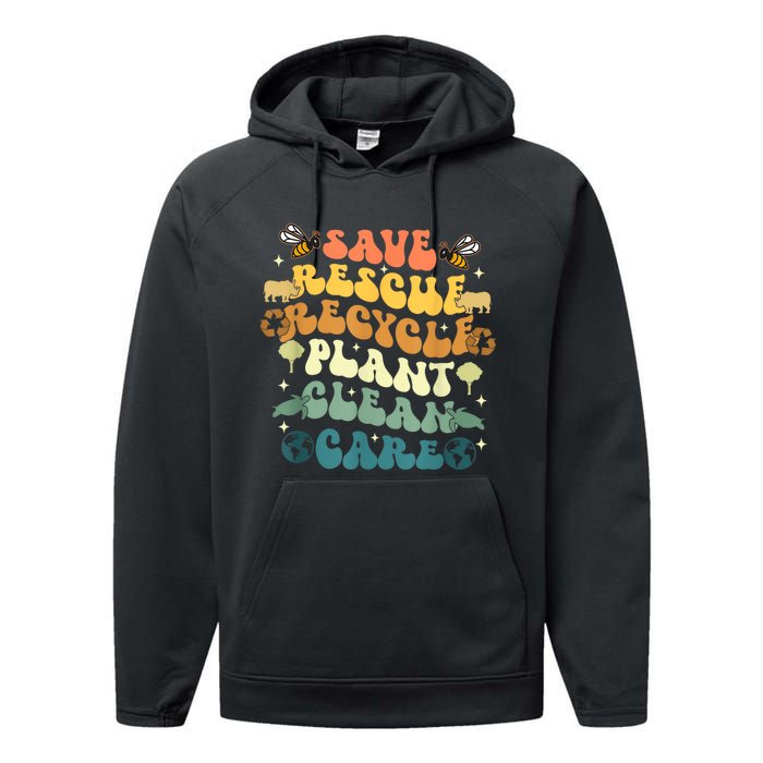 Retro Groovy Save Bees Rescue Animals Recycle Earth Day 2024 Performance Fleece Hoodie