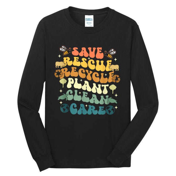 Retro Groovy Save Bees Rescue Animals Recycle Earth Day 2024 Tall Long Sleeve T-Shirt