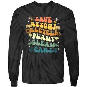 Retro Groovy Save Bees Rescue Animals Recycle Earth Day 2024 Tie-Dye Long Sleeve Shirt