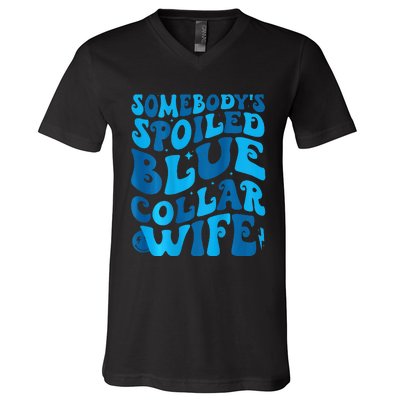 Retro Groovy Somebody's Spoiled Blue Collar Wife V-Neck T-Shirt