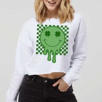 Retro Groovy St Patricks Smiley Cropped Pullover Crew