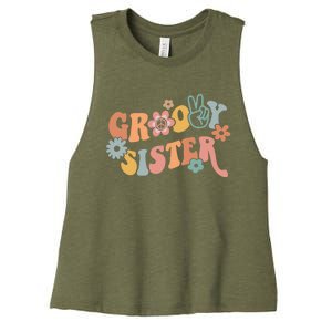 Retro Groovy Sister Matching Family 1st Birthday Party Women's Racerback Cropped Tank