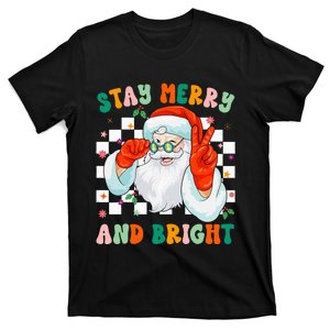 Retro Groovy Stay Merry And Bright Santa Claus Holiday T-Shirt