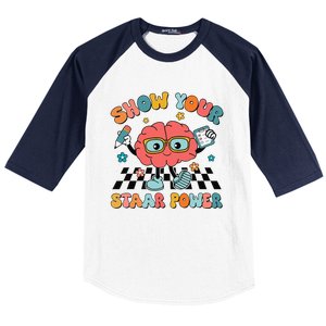 Retro Groovy Show Your Staar Power Brain Teacher Testing Day Baseball Sleeve Shirt