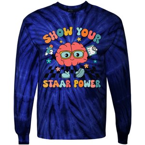 Retro Groovy Show Your Staar Power Brain Teacher Testing Day Tie-Dye Long Sleeve Shirt