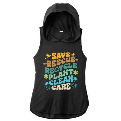 Retro Groovy Save Bees Rescue Animals Recycle Fun Earth Day Ladies PosiCharge Tri-Blend Wicking Draft Hoodie Tank