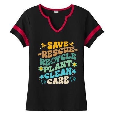 Retro Groovy Save Bees Rescue Animals Recycle Fun Earth Day Ladies Halftime Notch Neck Tee