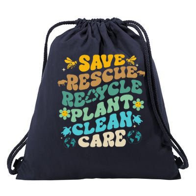 Retro Groovy Save Bees Rescue Animals Recycle Fun Earth Day Drawstring Bag