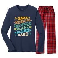 Retro Groovy Save Bees Rescue Animals Recycle Fun Earth Day Women's Long Sleeve Flannel Pajama Set 