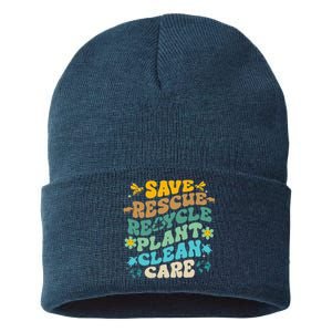 Retro Groovy Save Bees Rescue Animals Recycle Fun Earth Day Sustainable Knit Beanie