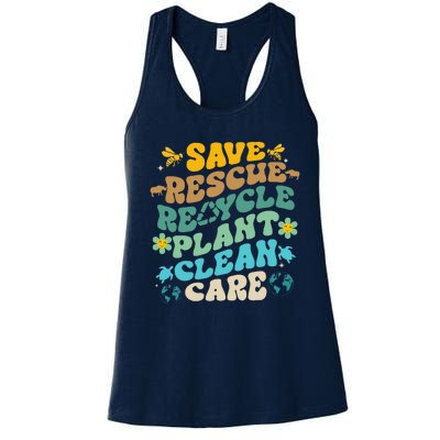 Retro Groovy Save Bees Rescue Animals Recycle Fun Earth Day Women's Racerback Tank