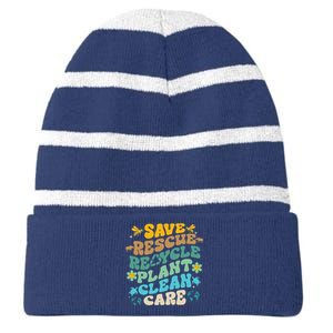 Retro Groovy Save Bees Rescue Animals Recycle Fun Earth Day Striped Beanie with Solid Band