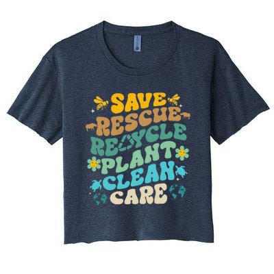 Retro Groovy Save Bees Rescue Animals Recycle Fun Earth Day Women's Crop Top Tee