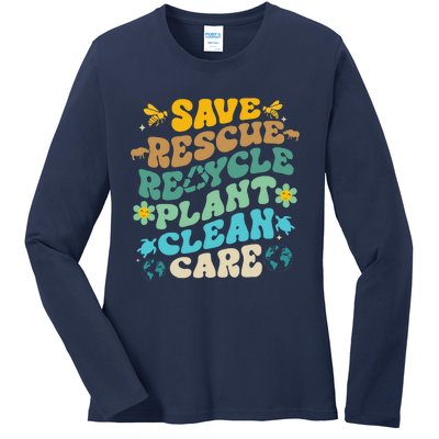 Retro Groovy Save Bees Rescue Animals Recycle Fun Earth Day Ladies Long Sleeve Shirt