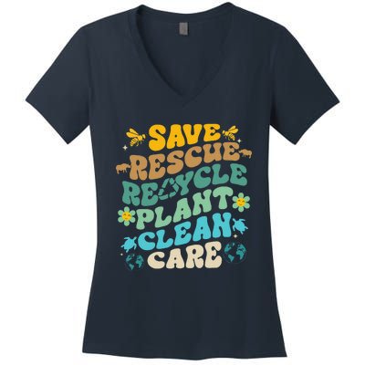 Retro Groovy Save Bees Rescue Animals Recycle Fun Earth Day Women's V-Neck T-Shirt