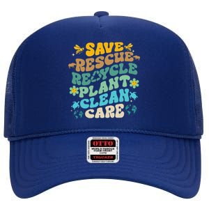 Retro Groovy Save Bees Rescue Animals Recycle Fun Earth Day High Crown Mesh Back Trucker Hat