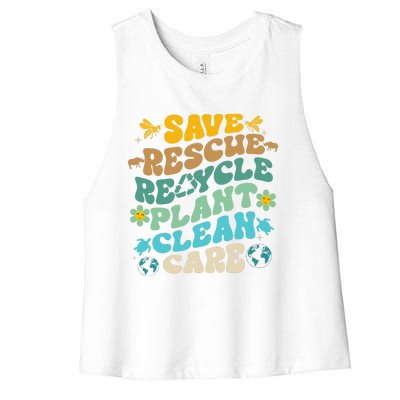 Retro Groovy Save Bees Rescue Animals Recycle Fun Earth Day Women's Racerback Cropped Tank