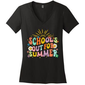 Retro Groovy School's Out For Summer Graduation Teacher Women's V-Neck T-Shirt