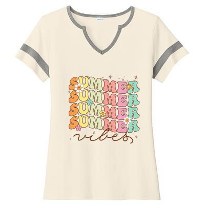 Retro Groovy Summer Vibes For Wo Summer Vacation Ladies Halftime Notch Neck Tee