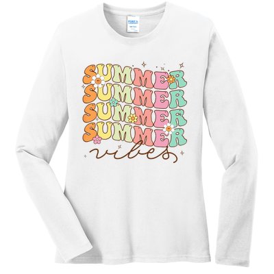 Retro Groovy Summer Vibes For Wo Summer Vacation Ladies Long Sleeve Shirt