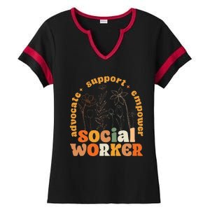 Retro Groovy Social Worker Flower Funny Social Work Month Ladies Halftime Notch Neck Tee